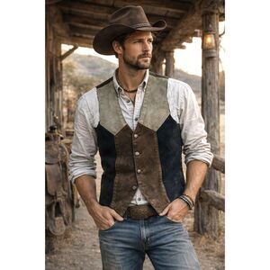 Vintage Otello Pelle Multicolor Leather Cowboy Waistcoat Vest  Mens Size Medium